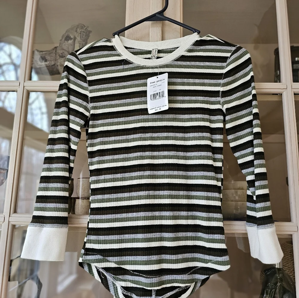 NWT Free People Good on You Army Green Stripe Round Hem Ribbed Tee Top